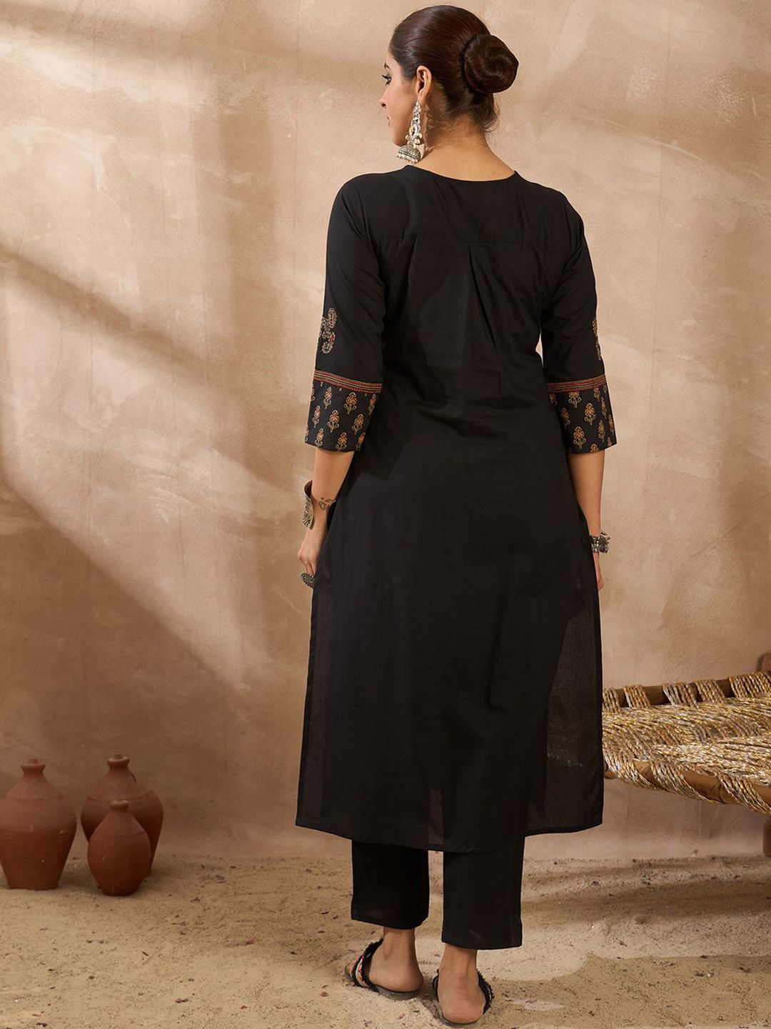 Women Ethnic Motifs Embroidered Pleated Sequinned Pure Cotton Kurta with Trousers