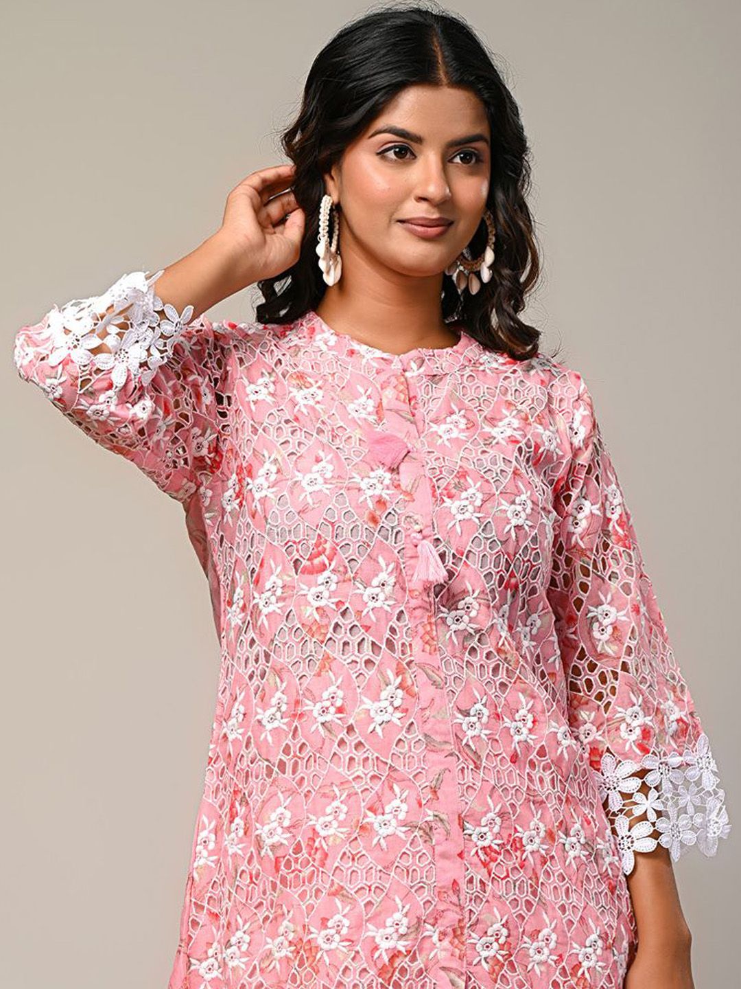 Indyancart IE Embroidered Mandarin Collar Pure Cotton Tunic With Trouser