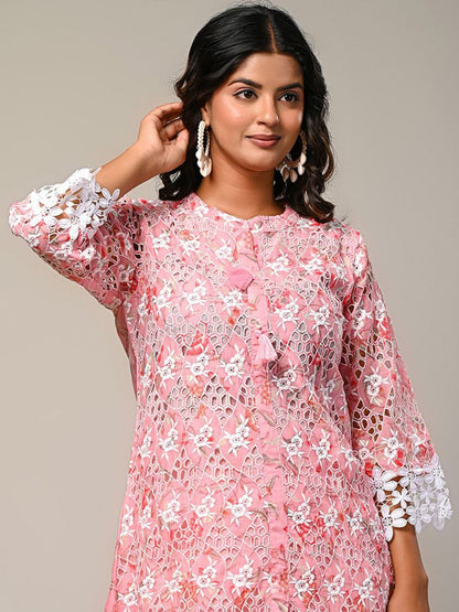 Indyancart IE Embroidered Mandarin Collar Pure Cotton Tunic With Trouser