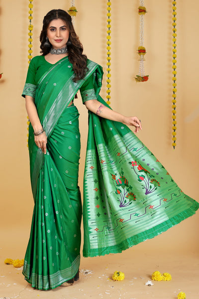 Indyancart GR Women's Mastani Bottle Green Zari Paithani Silk Saree