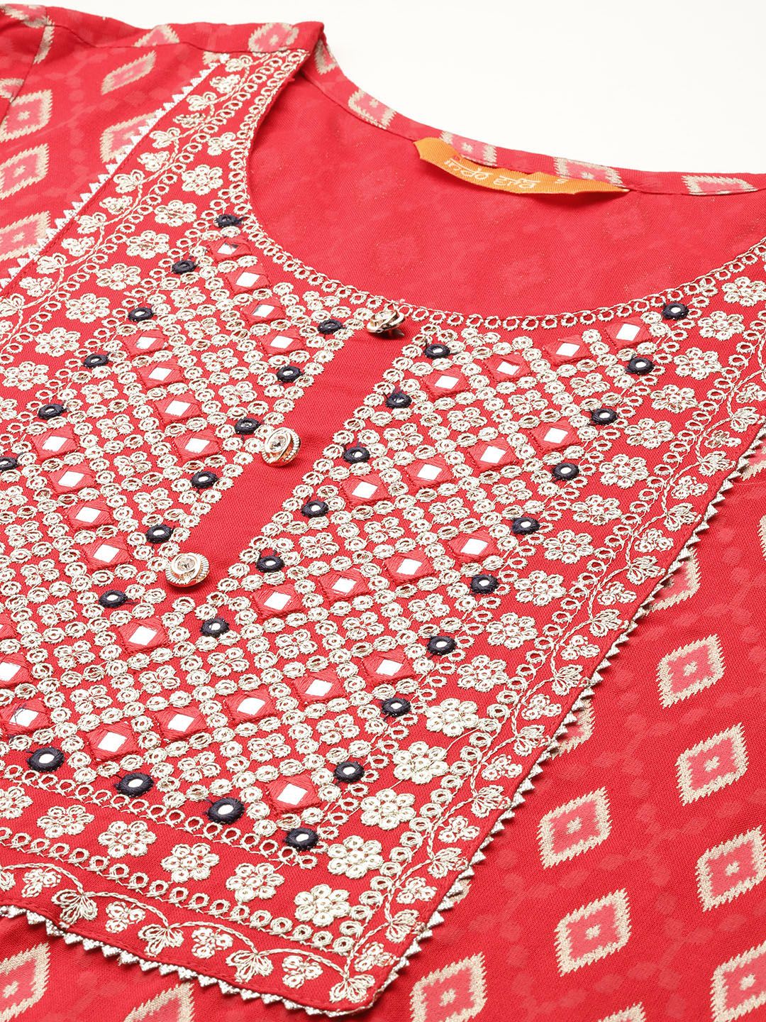 Indyancart IE Printed Mirror Work Kurta With Trousers & Dupatta