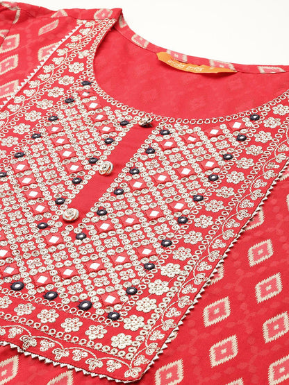 Indyancart IE Printed Mirror Work Kurta With Trousers & Dupatta