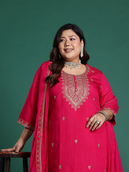 Indyancart Women's Plus Size Ethnic Motifs Embroidered Sequinned Kurta with Trousers & With Dupatta