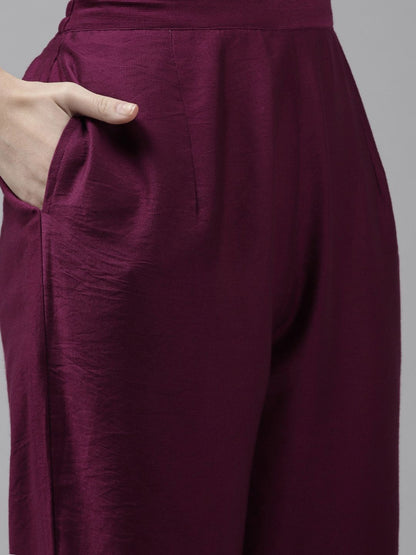 Dhiyona IE Women Burgundy Yoke Design Sequinned Liva Kurta with Trousers & With Dupatta