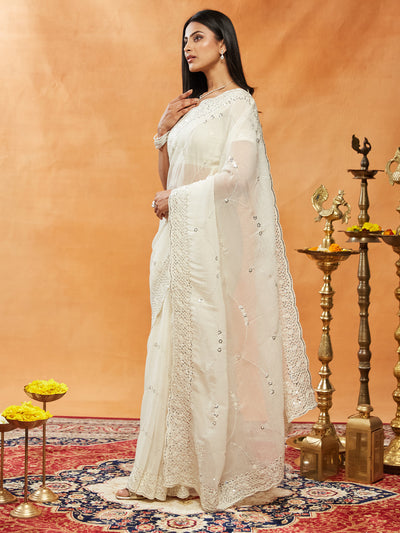 Indyancart KS Women's Embellished Embroidered Pure Chiffon Saree