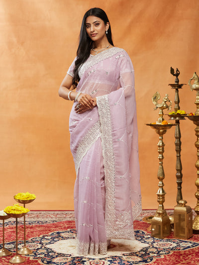 Indyancart KS Women's Floral Embroidered Pure Chiffon Saree
