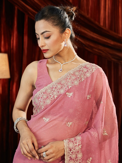 Dhiyona KS Women's Sequinned Embroidered Pure Chiffon Saree