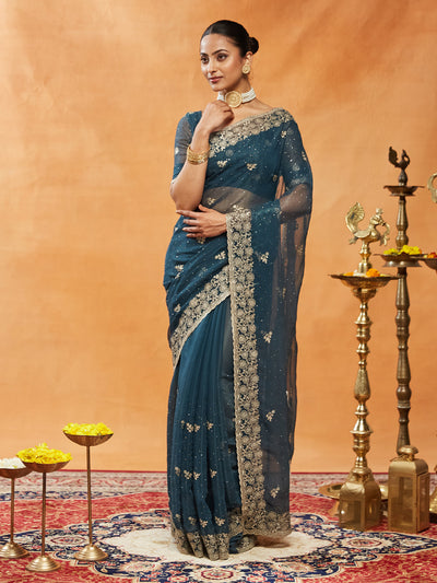 Indyancart KS Women's Embellished Embroidered Pure Chiffon Saree