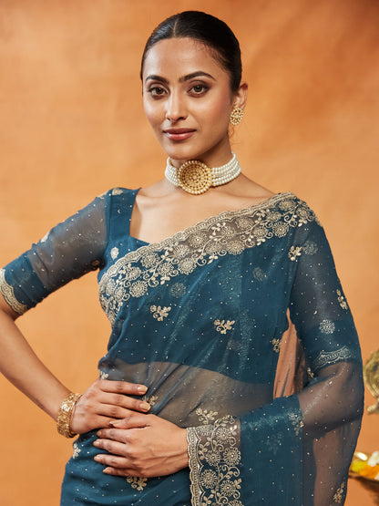 Dhiyona KS Women's Embellished Embroidered Pure Chiffon Saree