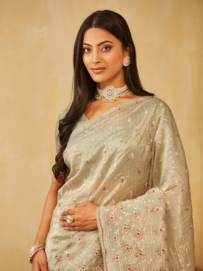 Indyancart KS Women's Floral Embroidered Organza Saree