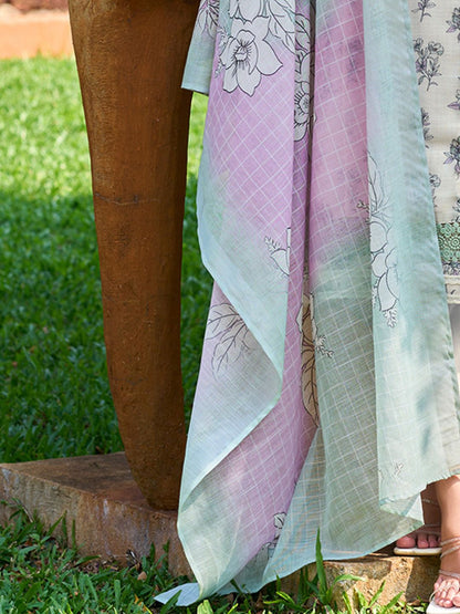 Indyancart IE Floral Printed Regular Thread Work Pure Cotton Kurta with Trousers & With Dupatta