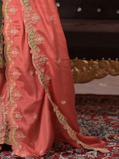Indyancart IE Ethnic Motifs Embroidered Panelled Sequinned A-Line Kurta With Palazzos & Dupatta