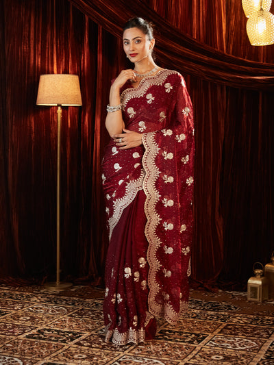 Indyancart KS Women's Embellished Embroidered Pure Chiffon Saree