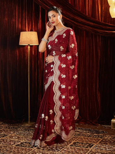 Indyancart KS Women's Embellished Embroidered Pure Chiffon Saree