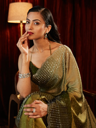 Indyancart KS Women's Ombre Beads and Stones Saree