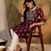 Dhiyona IE Burgundy Ethnic Motifs Printed Round Neck Mirror Work Straight Kurta