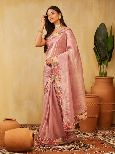 Indyancart KS Women's Solid Embroidered Organza Saree