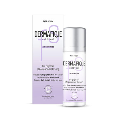 Dermafique De-Pigment Serum with Niacinamide and Hyaluronic Acid, showing the serum bottle and skincare packaging.