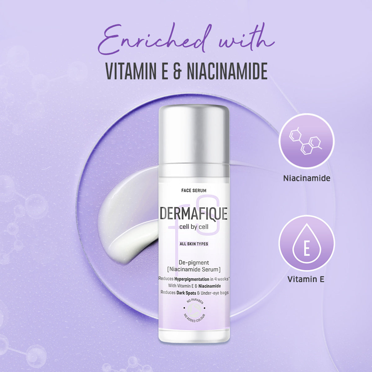 Dermafique De-Pigment Serum with Niacinamide and Hyaluronic Acid reducing pigmentation on a skincare product bottle