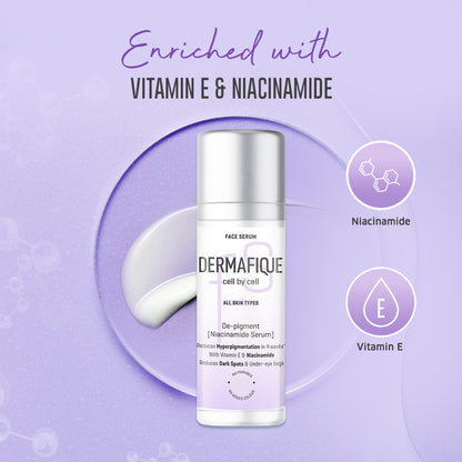 Dermafique De-Pigment Serum with Niacinamide and Hyaluronic Acid reducing pigmentation on a skincare product bottle