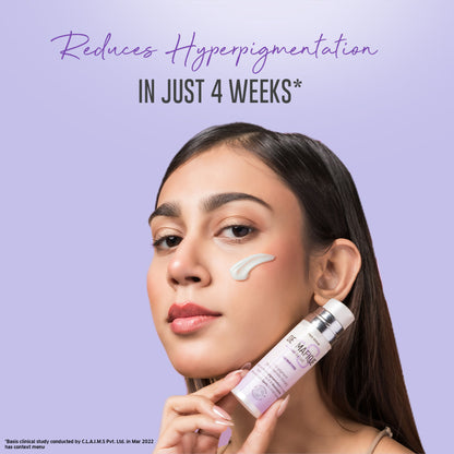 Dermafique De-Pigment Serum with Niacinamide and Hyaluronic Acid, showing a dropper bottle and serum texture for reducing pigmentation.