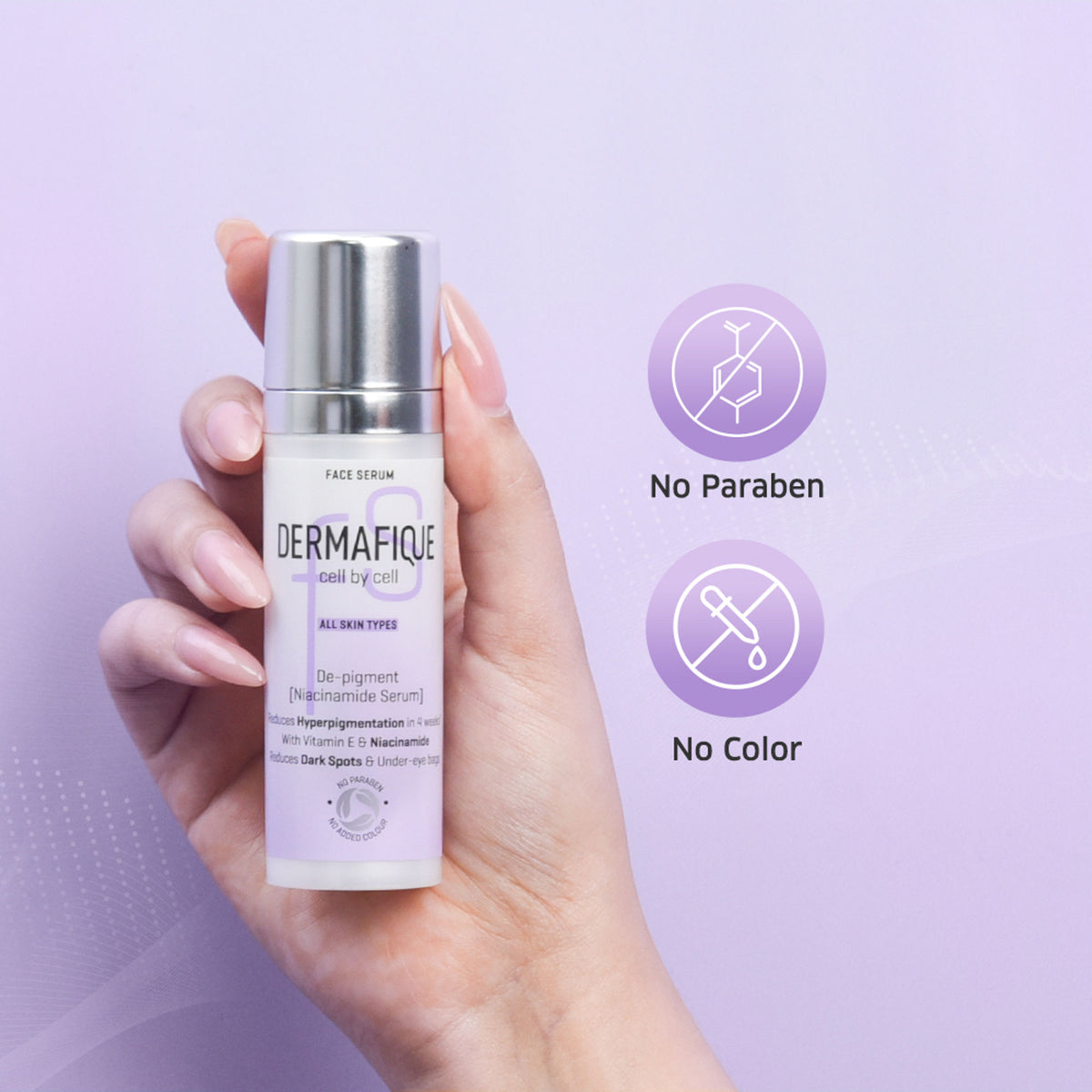 Dermafique De-Pigment Serum with Niacinamide and Hyaluronic Acid, shown in a sleek bottle, designed to reduce skin pigmentation.