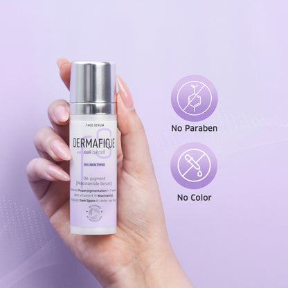 Dermafique De-Pigment Serum with Niacinamide and Hyaluronic Acid, shown in a sleek bottle, designed to reduce skin pigmentation.