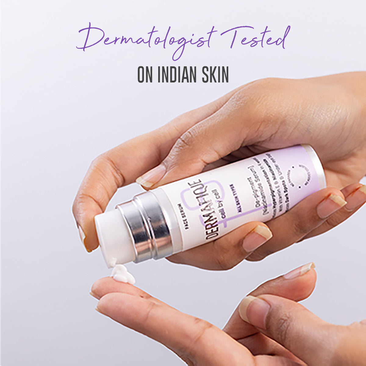 Dermafique De-Pigment Serum with Niacinamide and Hyaluronic Acid for reducing skin pigmentation, shown in a sleek bottle.