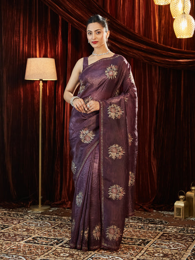 Indyancart KS Women's Floral Embroidered Organza Saree