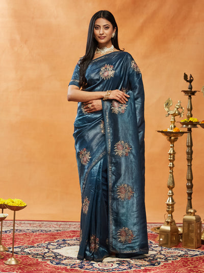 Indyancart KS Women's Floral Embroidered Beads and Stones Saree