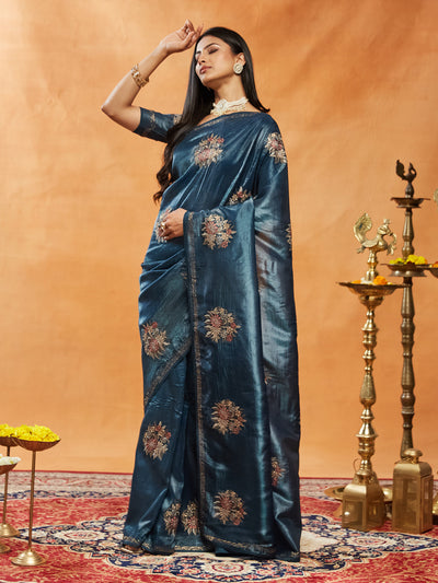 Indyancart KS Women's Floral Embroidered Beads and Stones Saree