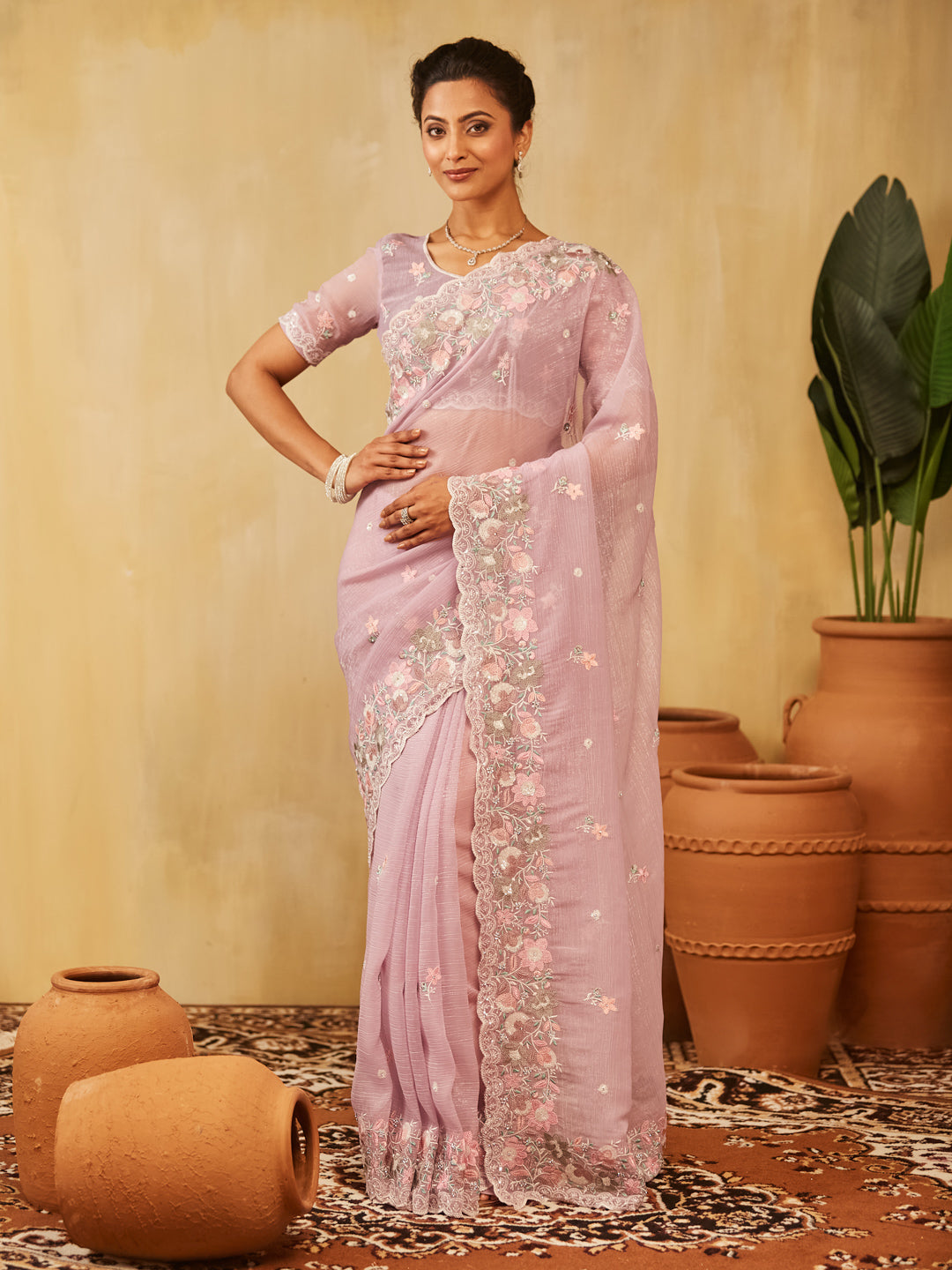 Dhiyona KS Women's Floral Embroidered Pure Chiffon Saree