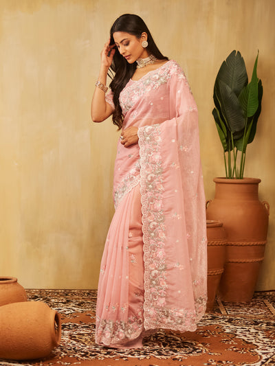 Indyancart KS Women's Pure Chiffon Floral Embroidered Saree