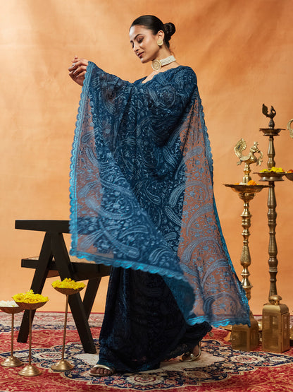Indyancart KS Women's Woven Design Embroidered Pure Georgette Saree