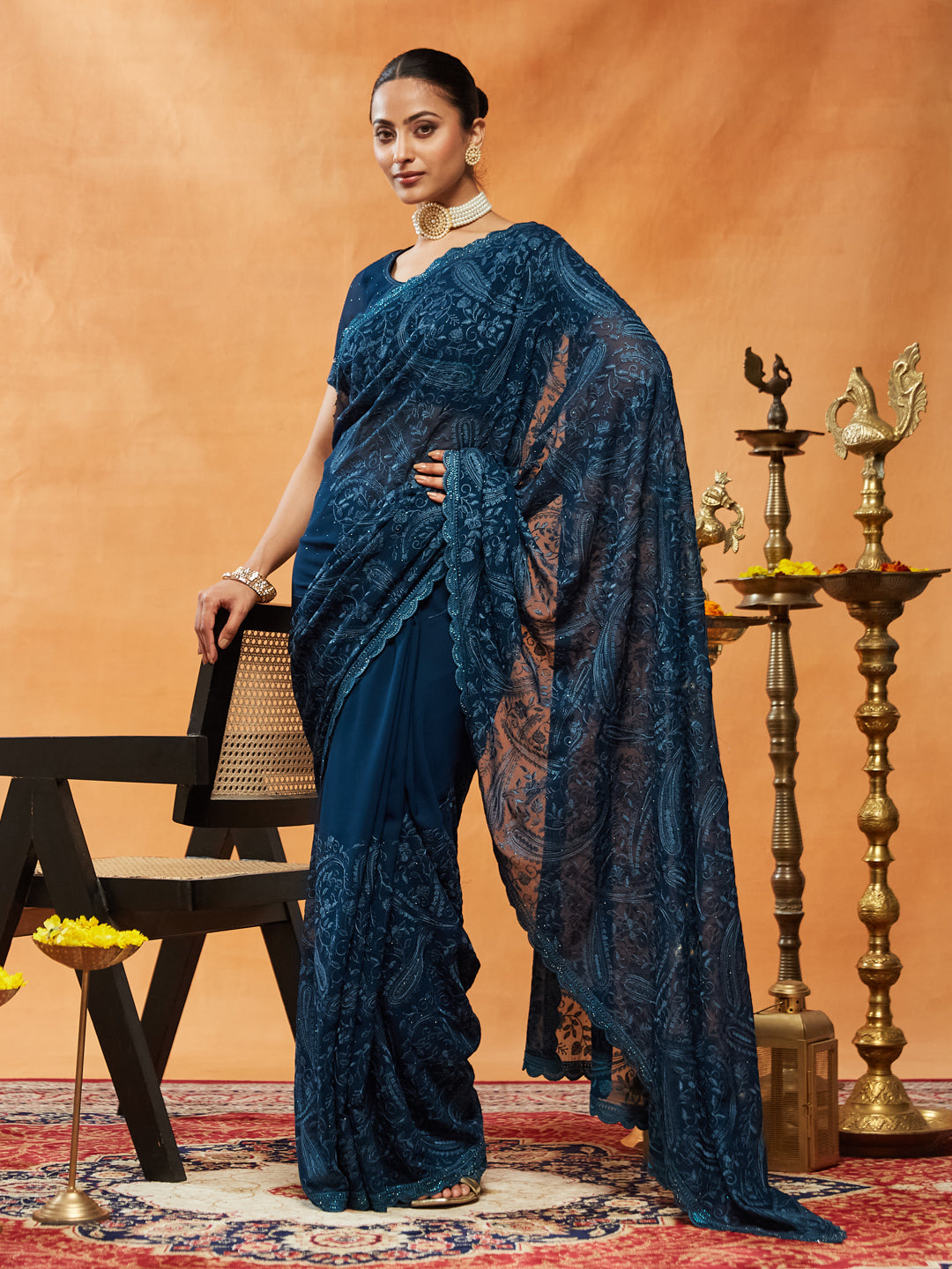 Indyancart KS Women's Woven Design Embroidered Pure Georgette Saree