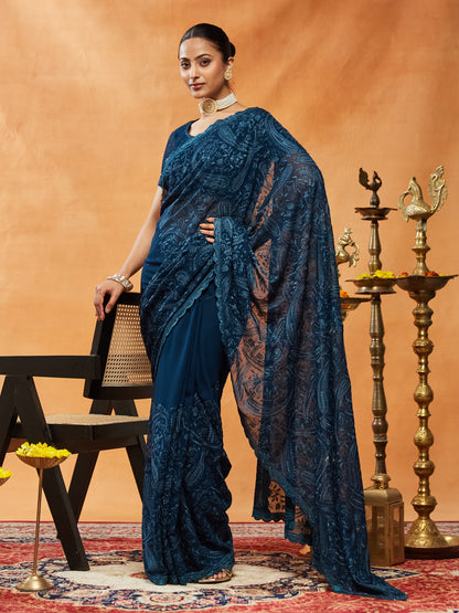 Indyancart KS Women's Woven Design Embroidered Pure Georgette Saree