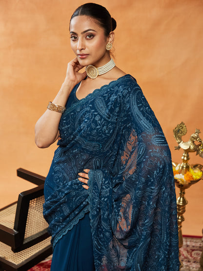Indyancart KS Women's Woven Design Embroidered Pure Georgette Saree