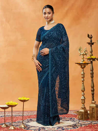 Indyancart KS Women's Woven Design Embroidered Pure Georgette Saree