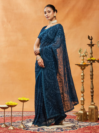 Indyancart KS Women's Woven Design Embroidered Pure Georgette Saree