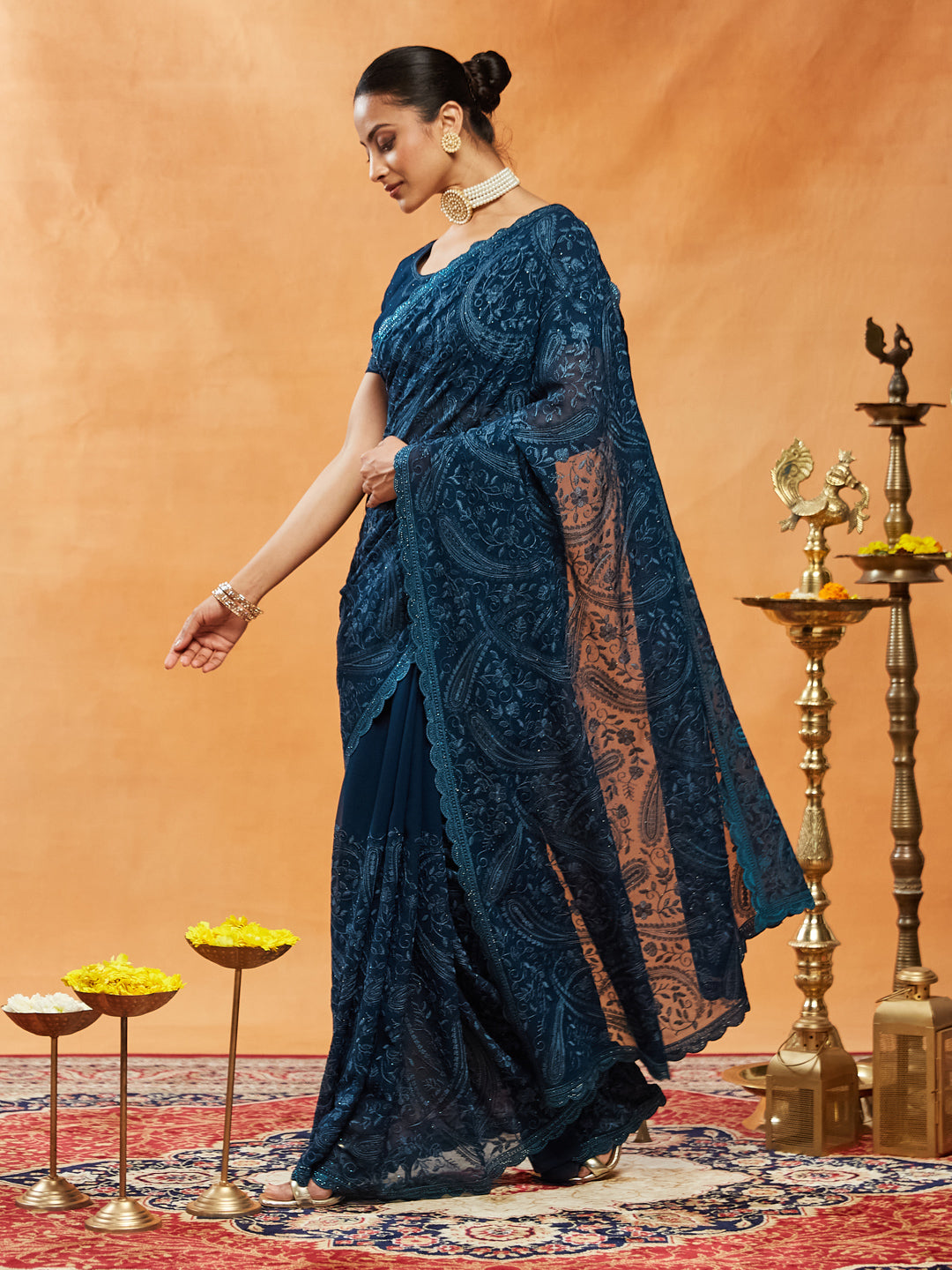 Indyancart KS Women's Woven Design Embroidered Pure Georgette Saree