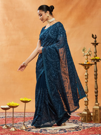 Indyancart KS Women's Woven Design Embroidered Pure Georgette Saree