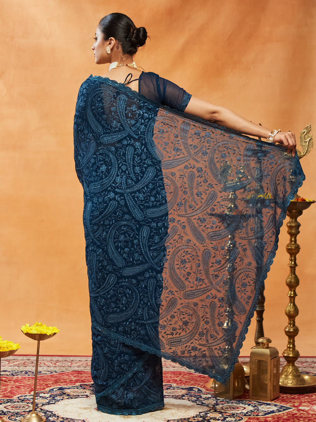 Indyancart KS Women's Woven Design Embroidered Pure Georgette Saree