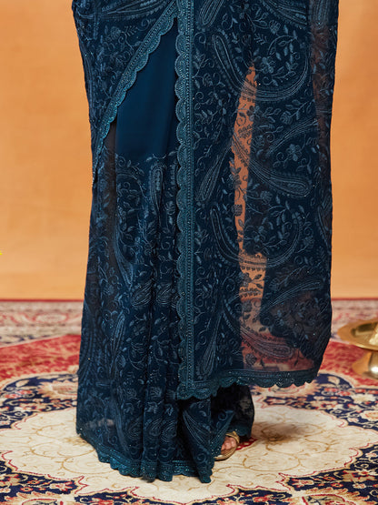 Indyancart KS Women's Woven Design Embroidered Pure Georgette Saree