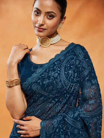 Indyancart KS Women's Woven Design Embroidered Pure Georgette Saree