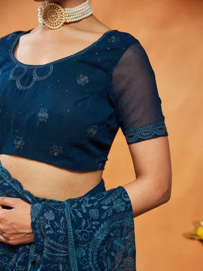 Indyancart KS Women's Woven Design Embroidered Pure Georgette Saree