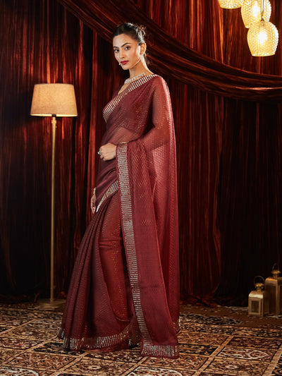 Indyancart KS Women's Embellished Beads and Stones Woven Design Saree