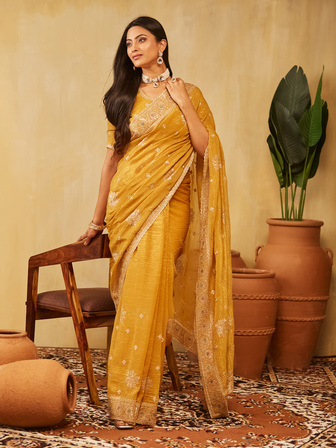 Indyancart KS Women's Embellished Embroidered Pure Chiffon Saree