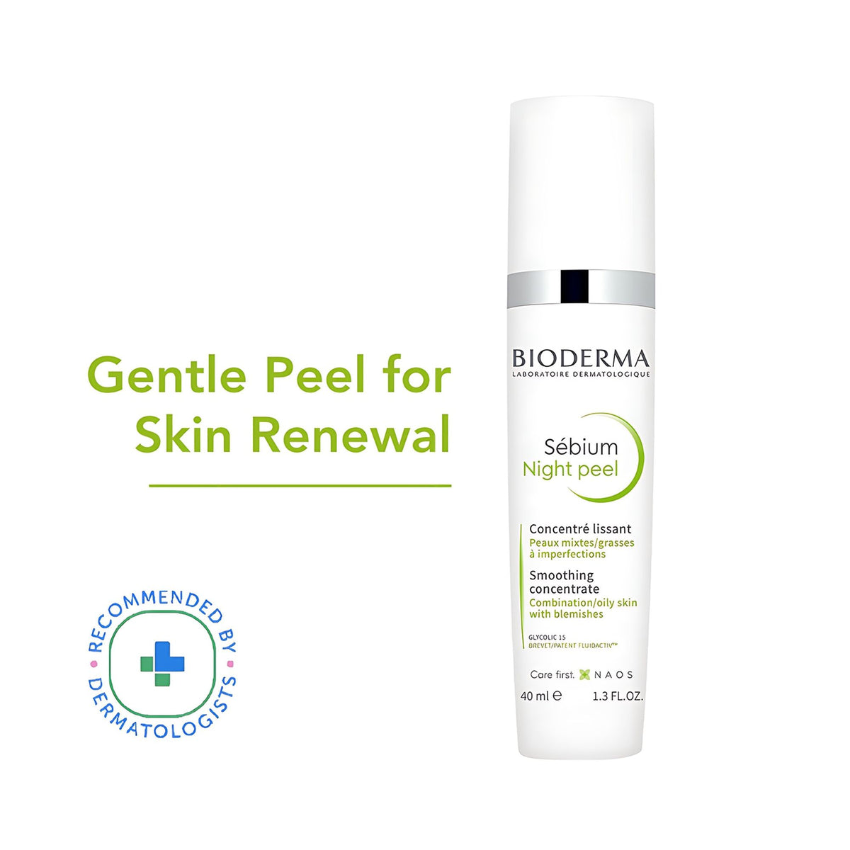 Bioderma Night Peel Sebium for oily acne-prone skin with glycolic acid, reducing blemishes on the face.