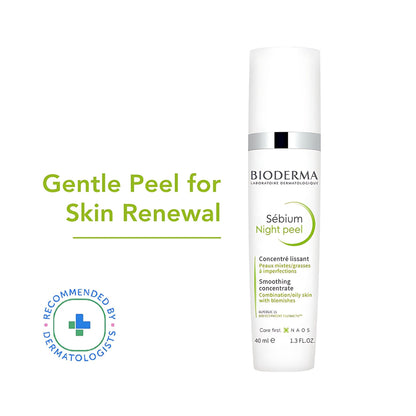 Bioderma Night Peel Sebium for oily acne-prone skin with glycolic acid, reducing blemishes on the face.