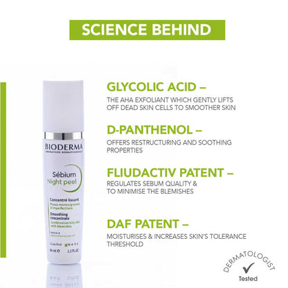 Bioderma Night Peel Sebium for oily, acne-prone skin with glycolic acid, featuring a sleek bottle and product label.